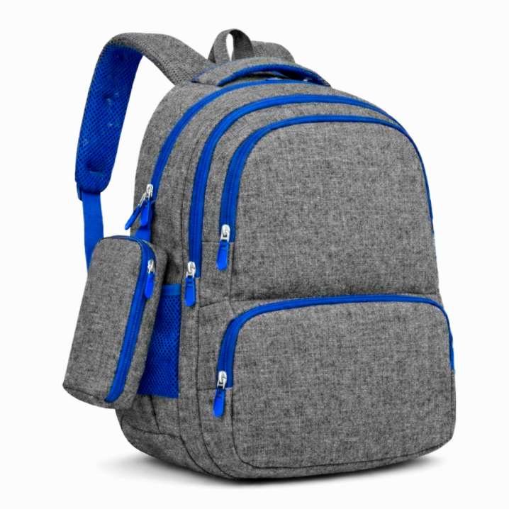Mochila M001 color gris melange / azul – MOCHIPLUS, personalizable con logo