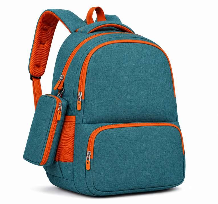 Mochila M001 color petróleo / naranja – MOCHIPLUS, personalizable con logo