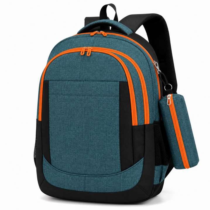 Mochila M002 color petróleo / naranja – MOCHIPLUS, personalizable con logo