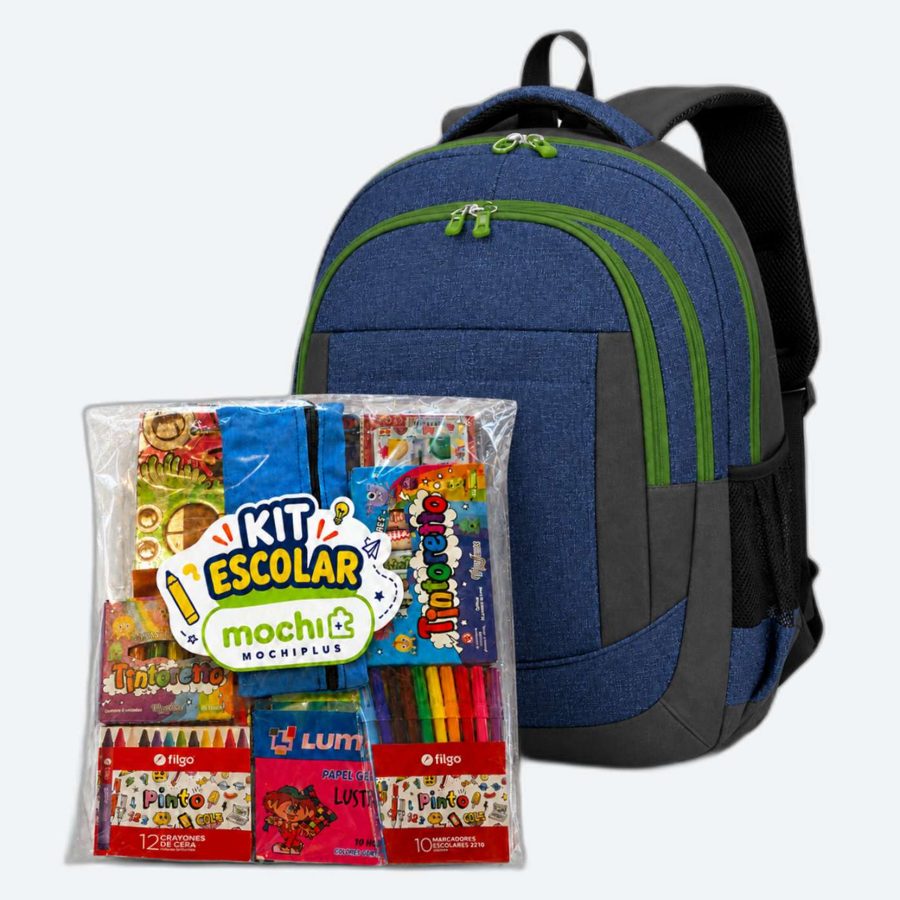 Mochila MOCHIPLUS junto a kit escolar empaquetado